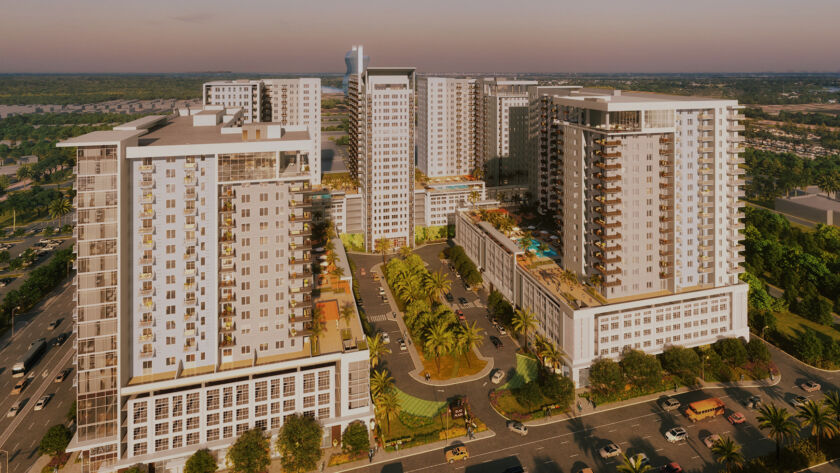 Aerial view of The District in Davie, featuring multiple modern high-rise buildings with rooftop pools and landscaped plazas